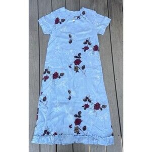 Vintage Donna Dress Womens M Blue Floral Linen Maxi Cottagecore USA Modest Girly